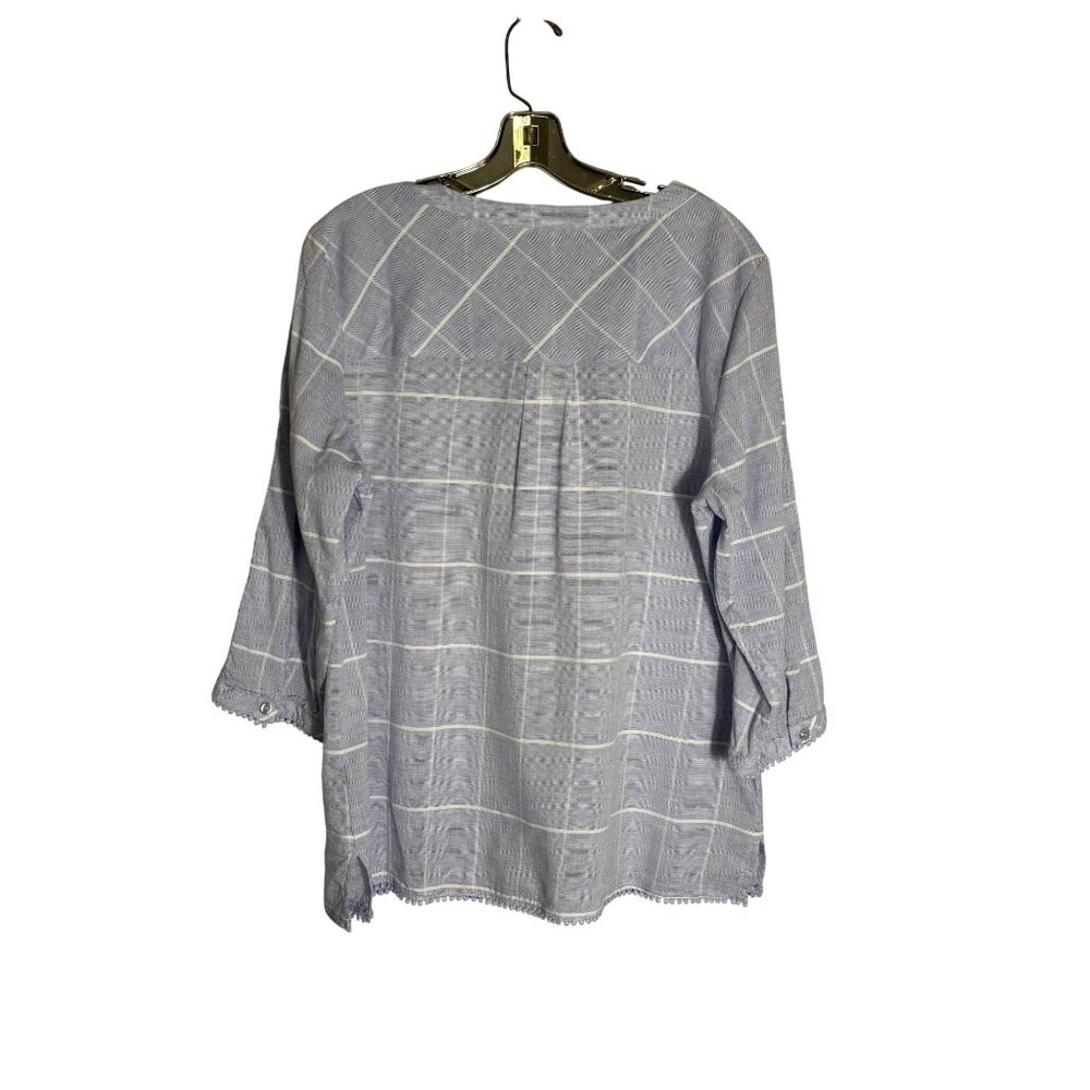 Christopher & Banks Blue Plaid 3/4 Sleeve Tunic Top W/Lace Detail Size L - Picture 7 of 13